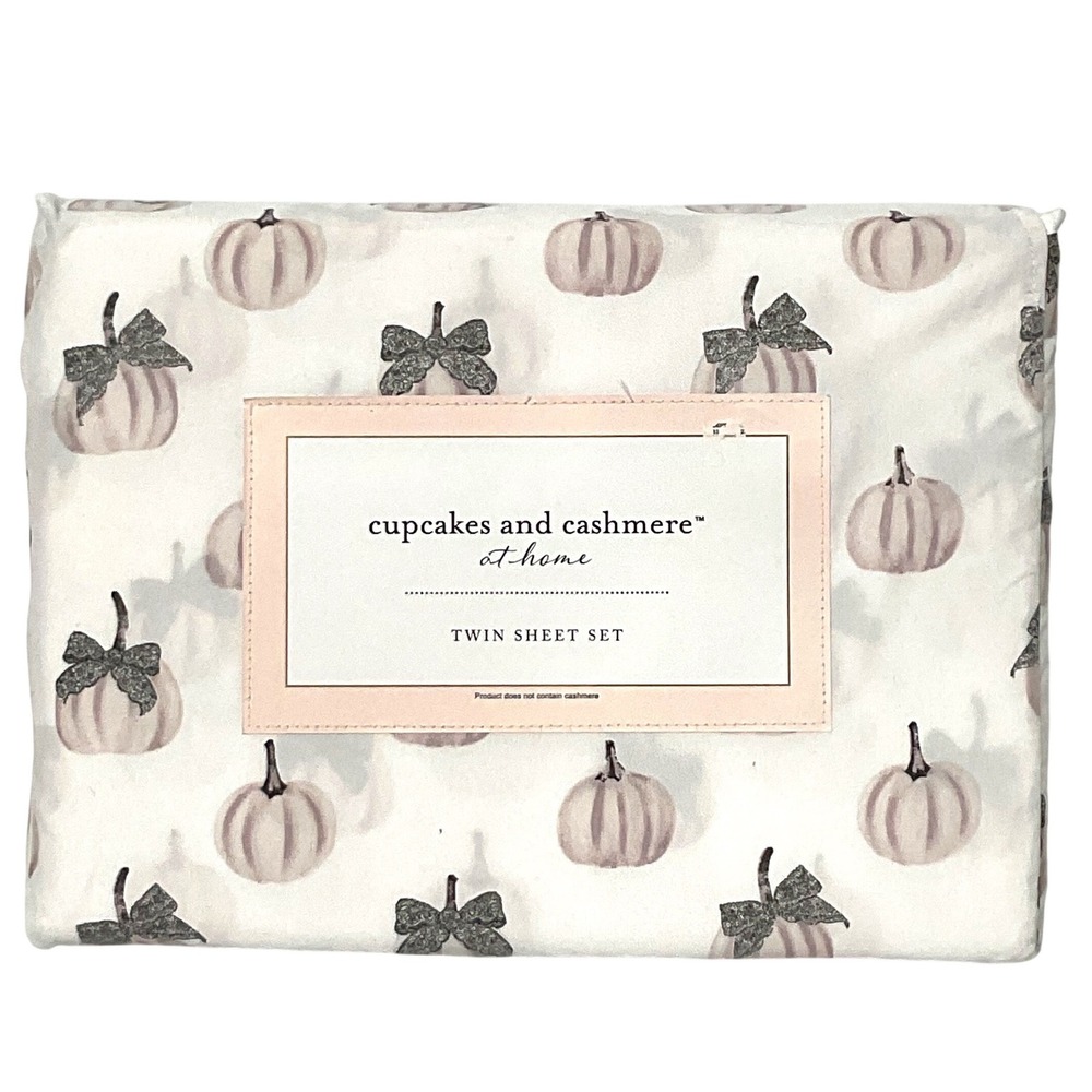 Cupcakes and Cashmere Twin Sheet Set Pink Lavender Pumpkin Bows Fall Bedding NEW